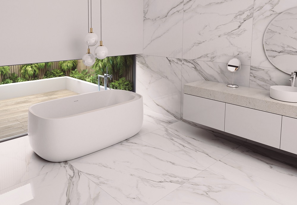 Porcelanato reproduz marmore calacata